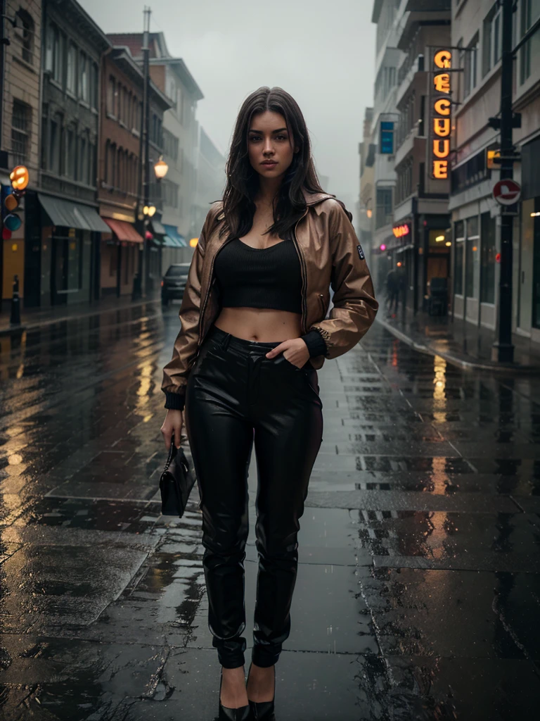 a girl standing in  rainy day, realistic, cinematic lighting, volumetric fog, wet asphalt, (best quality,4k,8k,highres,masterpiece:1.2),ultra-detailed,(realistic,photorealistic,photo-realistic:1.37),intricate details,beautiful detailed eyes,beautiful detailed lips,extremely detailed face and portrait,long eyelashes,moody atmosphere,cinematic composition,dramatic lighting,vibrant colors,realistic rain effects,1girl,wearing a lether jacket and a whight pants,high heels