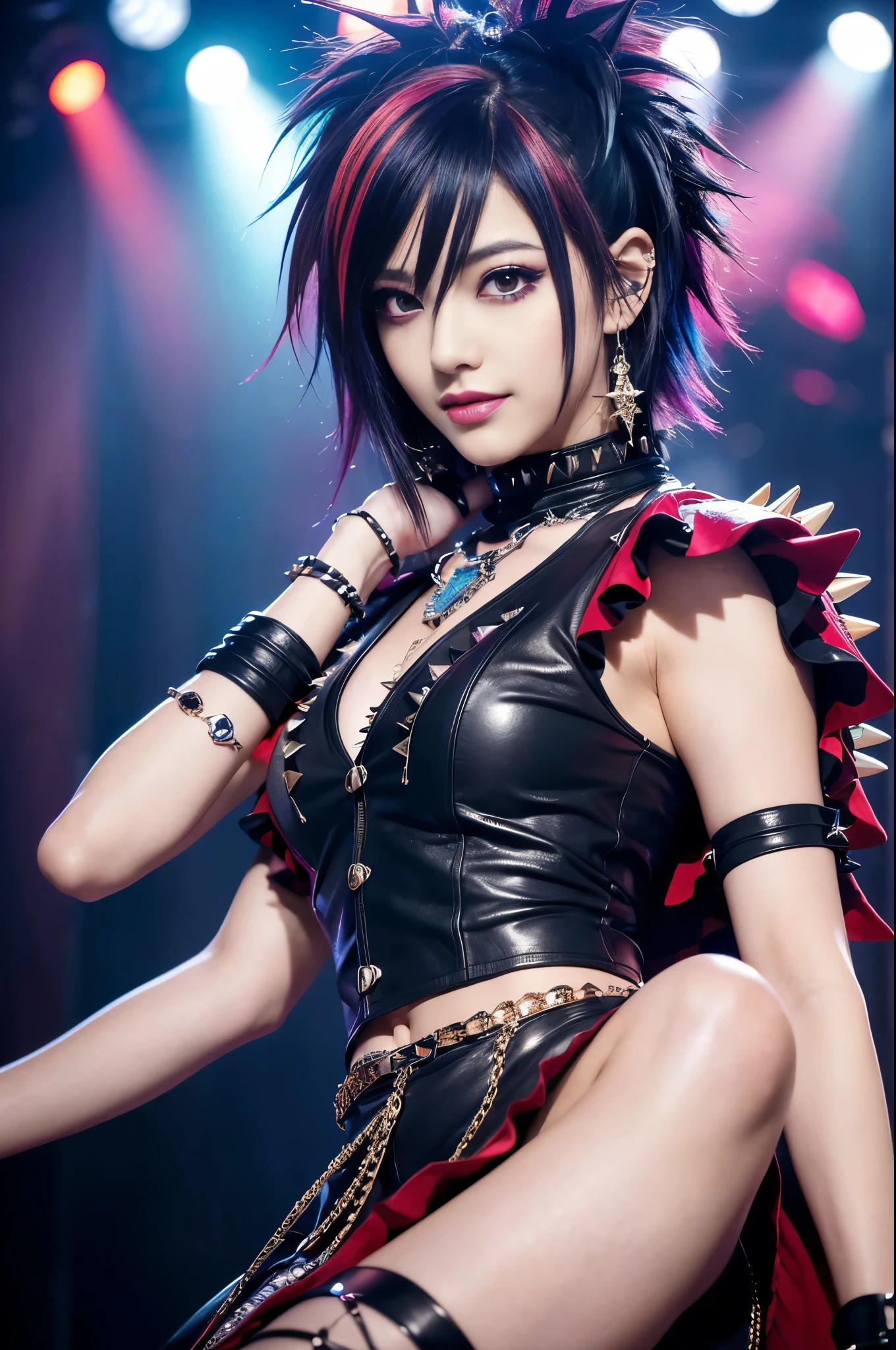 (masterpiece:1.4), (best quality:1.4), ultra high res, ultra high resolution, ((ultra detailed facial features)), HDR, (realistic, photorealistic, photo-realistic:1.37), 1 man, full body Esbian, sexy Japanese male, (-anime), vivid colors, ((vivid colors multicolor (Visual Kei style spikes very short hair))), (big smile), ultra detailed glam rock makeup, bold lipstick, long lashes, defined eyebrows, wearing large dramatic Nana Visual Kei jewelery, wearing a Nana Visual Kei cosplay, ((vivid Nana Visual Kei outfit)), layered clothing, look at the camera, cinematic light, rockstar festival stage background with multicolor lights, sweet and sexy pose