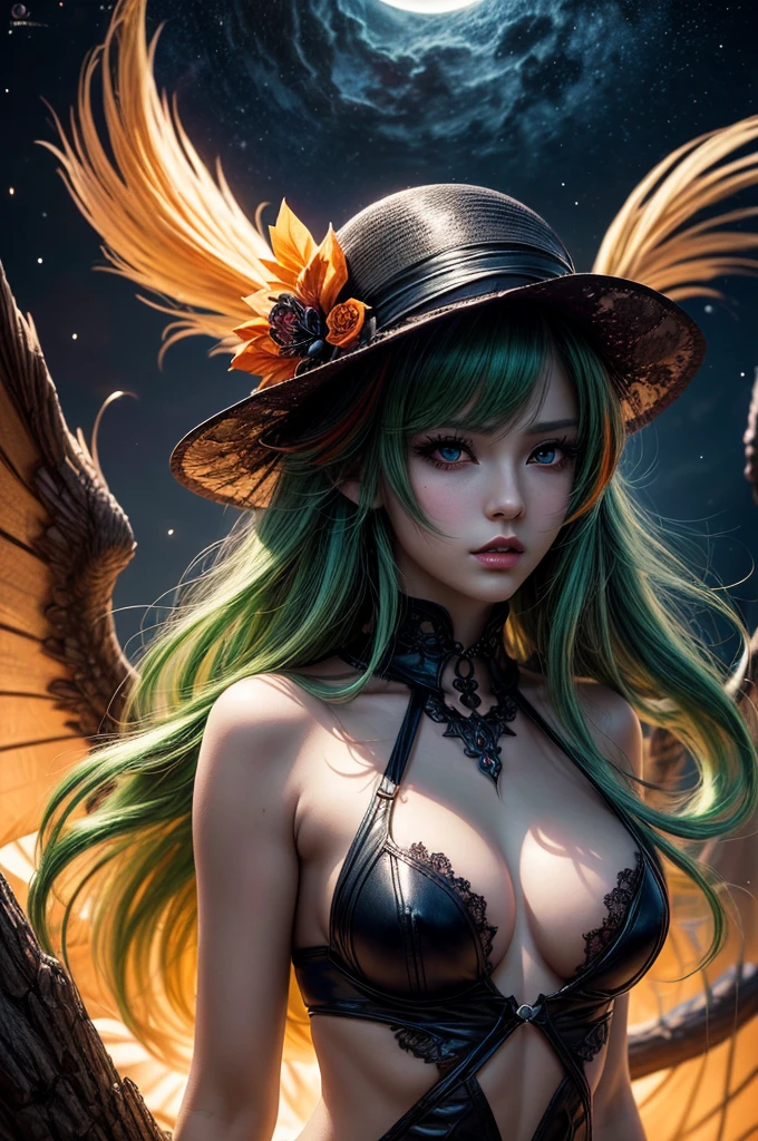 In the middle of forest plane there is beatiful siren who dance under the stary night sky, she have neatiful face long green hair with orange highlights her eyes in emerald green red lipsick and smoky eyes make up, her naked body cover only with black transparent spiler web vail, (ultra high quality fantasy art, dark fantasy style, masterpiece, ultra high quality character design, 8k quality anime art, realistic anime art, top quality wallpaper illustration, detailed ultra high quality accurate face, high quality design and accurate physic)