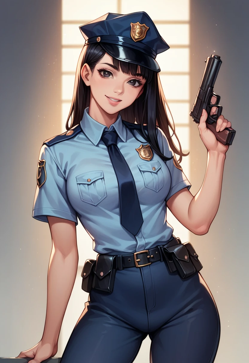 1 beautiful police woman, slim female police officer in uniform, evening soft lighting, detailed face and big black eyes, long black hair with fringe, light pink lips, smiling at viewer, holding gun in hand.