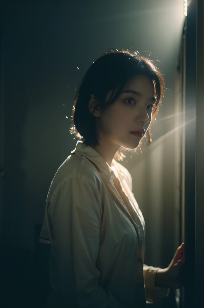 Best Quality,Masterpiece,Ultra High Resolution,(Realisticity:1.4),Original Photo,Cinematic Lighting,
1Girl,Tyndall effect,light and shadow,shadow,