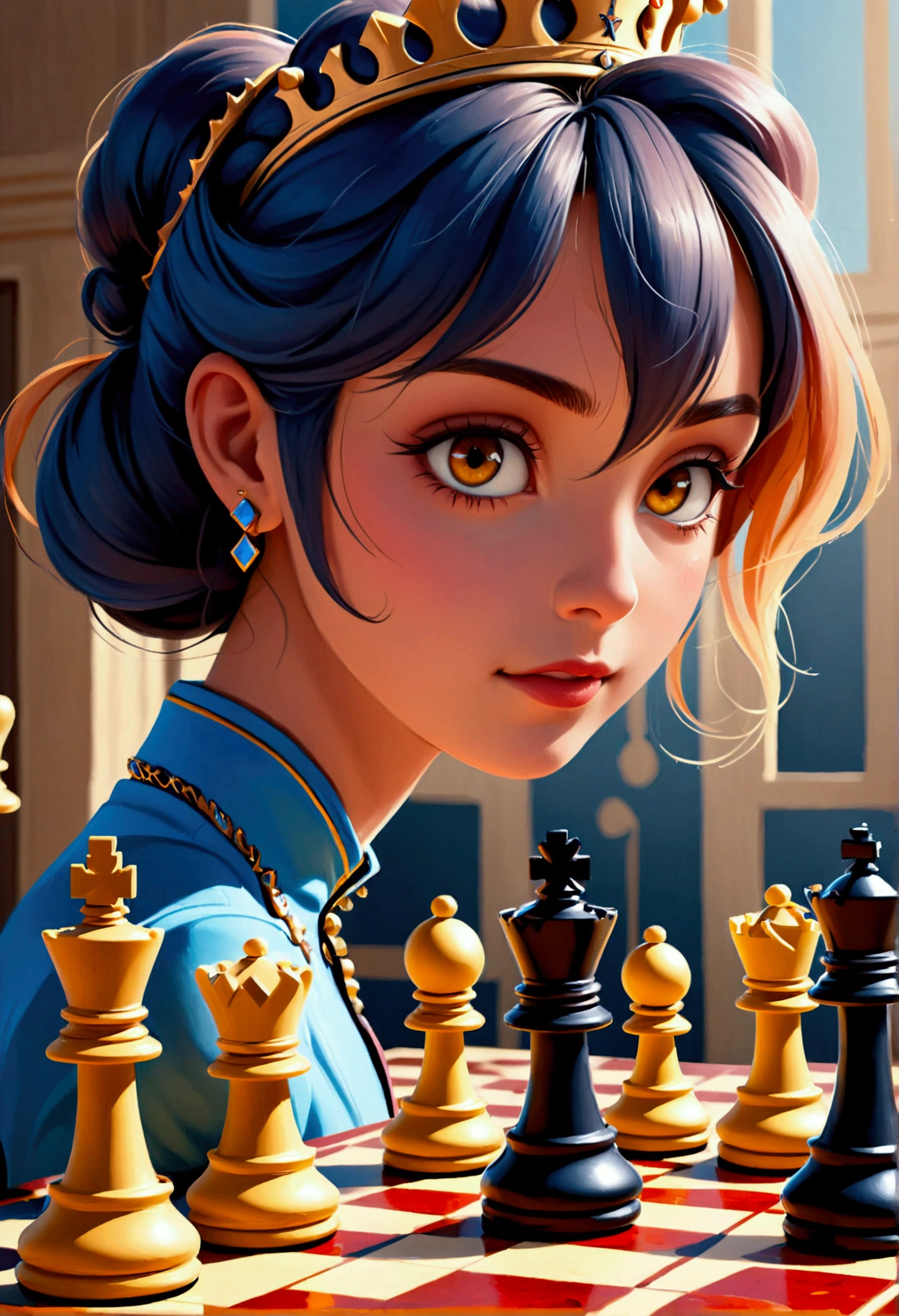 a picture of a woman proud, happy, overjoyed, victorious after winning chess game, a beautiful woman ((full body shot: 1.5)), ((anatomically correct: 1.5)) (ultra detailed face: 1.4), dynamic skin complexion, dynamic hair style, dynamic hair color, ((winning a chess game: 1.5)), at chess tournament, she is dressed in elegant dress, intricate dress, dynamic color dress, dynamic style dress, wearing high heels, a ((look of satisfaction: 1.3)), a look of ((victory: 1.3)), a look of overcoming great obstacle, chess tournament background,  vibrant, Ultra-high resolution, High Contrast, (masterpiece:1.5), highest quality, Best aesthetics), best details, best quality, highres, 16k, [ultra detailed], masterpiece, best quality, (extremely detailed), Cinematic Hollywood Film style