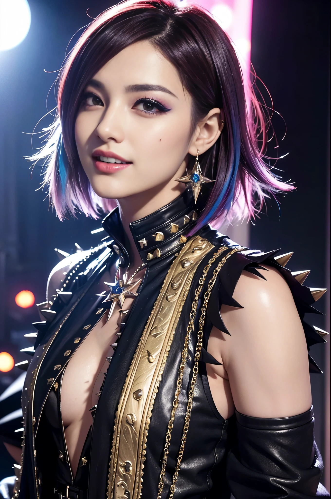(masterpiece:1.4), (best quality:1.4), ultra high res, ultra high resolution, ((ultra detailed facial features)), HDR, (realistic, photorealistic, photo-realistic:1.37), 1 man, full body Esbian, sexy Japanese male, (-anime), vivid colors, ((vivid colors multicolor (Visual Kei style spikes very short hair))), (big smile), ultra detailed glam rock makeup, bold lipstick, long lashes, defined eyebrows, wearing large dramatic Nana Visual Kei jewelery, wearing a Nana Visual Kei cosplay, ((vivid Nana Visual Kei outfit)), layered clothing, look at the camera, cinematic light, rockstar festival stage background with multicolor lights, sweet and sexy pose