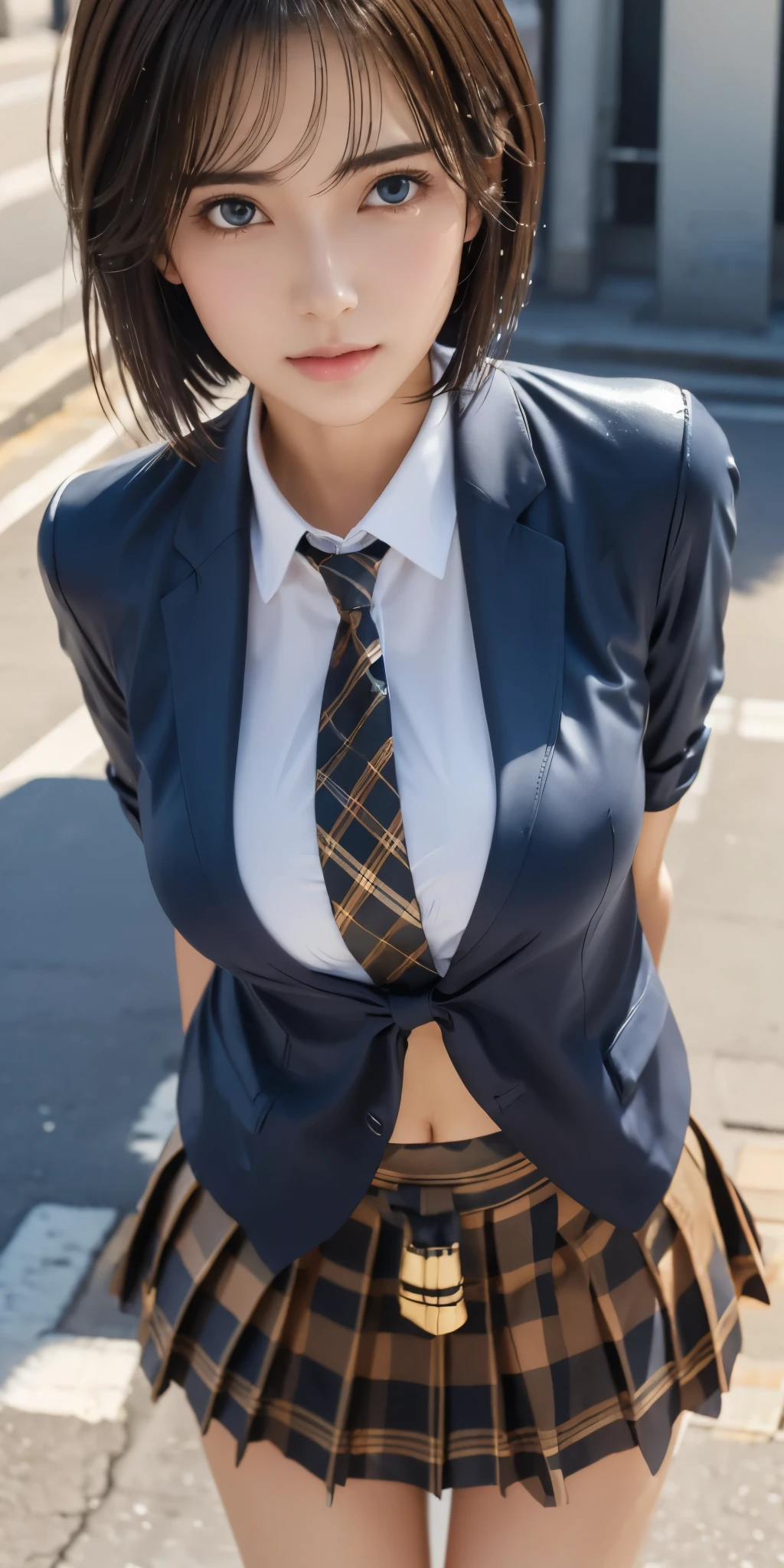 Photorealistic、Highest quality、Highest quality、masterpiece、Ultra-high resolution、Raw photo、Realistic、Bright lighting、Face Light、Smooth Professional Lighting、Looking at the camera、alone、Adult women、Beautiful woman、Super Beauty、Realistic肌、Moisturized Skin、Realistic eyes and faces、Perfect model body shape、Beautiful Eyes、Big eyes、Inconspicuous tear bags、slim、Big Breasts、No bra、No makeup、Camel Toe、Very short hair、Black Hair、Black Eye、looks fun、The ears are hidden in the hair、Thighs,Navel exposed,University uniform,A simple blazer,Pleated skirt,(The skirt and tie are tartan checked..:1.3), (Standing on street:1.2),(Shiny wet Thighs:1.4), (Medium Shot :1.2),(Low - Angle:1.3), (Dark blue high socks:1.2)
