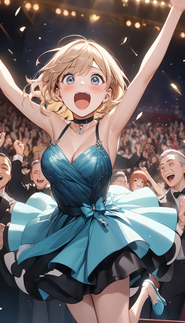 Tears of joy, (Fancy Evening Dresses), (Surprised by the award, gratitude, Jumping for joy, Joyの渦:1.5), Background is the stage, doaxvv_Marie Rose, 1girl, big bouncing busts, black choker, uhd, retina, masterpiece, ccurate, anatomically correct, textured skin, super detail, high details, high quality, best quality, highres, 4K, Oscar, audience, Joy, great joy, hug