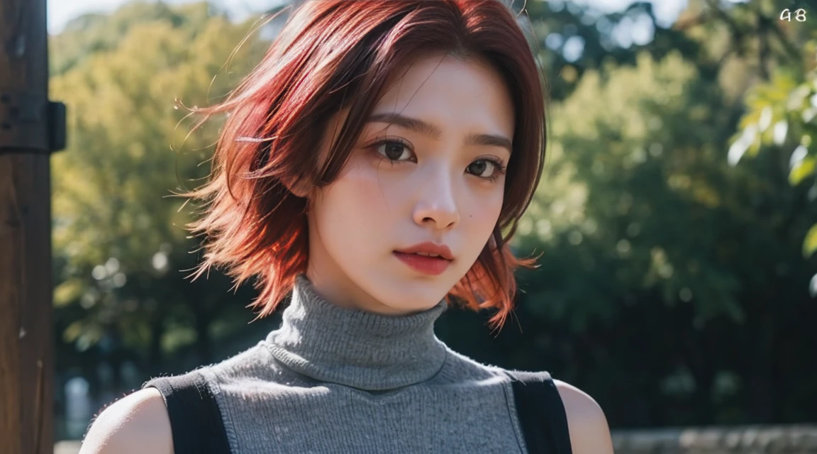 CosmiEyes, British, kallen stadtfeld, blue eyes, headband, ((red hair)), short hair, bandana, sleeveless, sleeveless turtleneck, turtleneck, looking at viewer, (medium breast:1.2), outdoors, park, upper body, detailed face, detailed eyes, beauty, extremely beautiful face