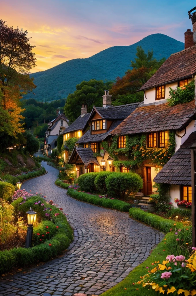 please create an image depicts a picturesque, whimsical village composed of various charming houses nestled among autumn-colored trees. The houses have an array of architectural styles and vibrant colors, including yellows, blues, reds, and browns, with unique roof shapes and textures. The scene is set against a backdrop of a serene, twilight sky, giving it a cozy and enchanting feel. The winding stone pathways and lush foliage add to the fairytale-like atmosphere of this delightful village.
