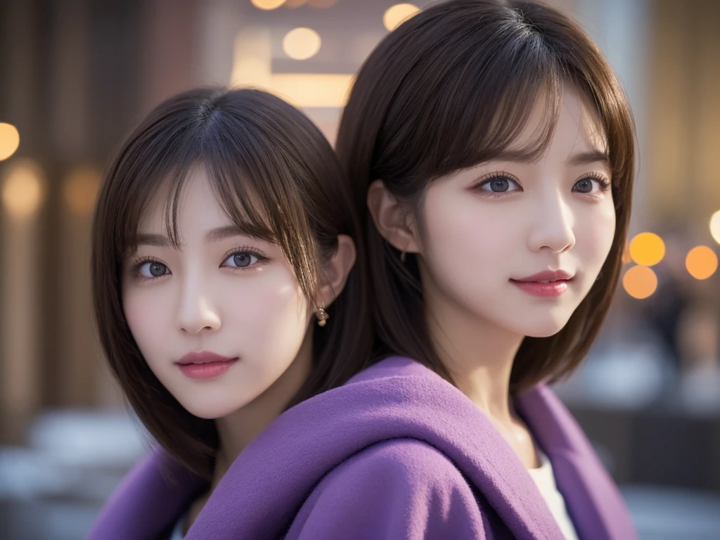 1 woman, (wearing a purple coat:1.2), (RAW photos, best quality), (realistic, realistic:1.4), table top, very delicate and beautiful, very detailed, 2k wallpaper, amazing, in detail, very detailed CG Unity 8K 배경화면, very detailed, highest resolution, soft light, Beautiful detailed woman, very detailed 눈과 얼굴, The detailed nose is pretty., beautiful and delicate eyes, movie lights, winter night scenery, Illumination, complete anatomy, slim body, smiling, Short hair, Walking in a snowy park. 1 woman