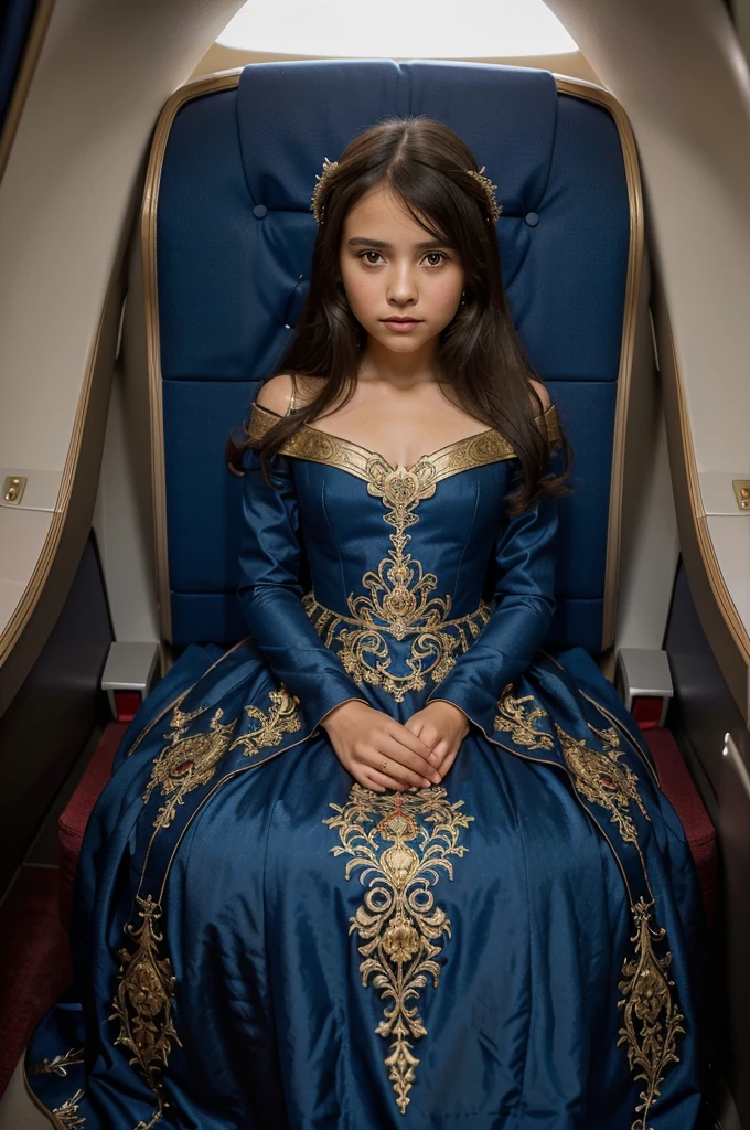 a ((1girl)), (((girl))), (((8-year-old-girl))), (((young girl))), in a blue dress (((sitting in a privet plane)))), a sketch by Elena Guro, , baroque, ornate dark red opulent clothing, dressed beautiful gown, red and gold ornate dress, royal dress, royal gown, extravagant dress, wearing a magnificent dress, beautiful detailed elegant, detailed dress and face, gown, ornate royal gown, luxury dress, gown