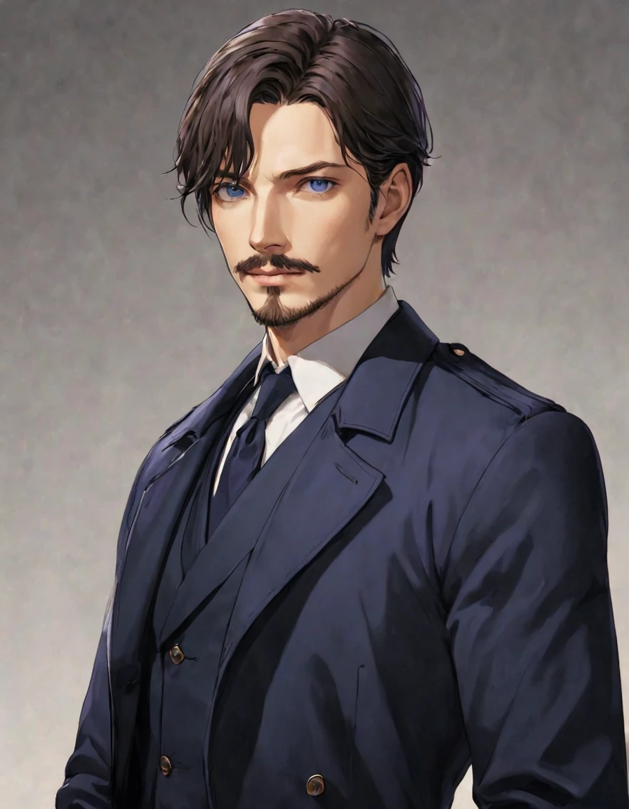 1man, mature male, parted bangs, medium-short hair, brown hair, muscular male celeb, short goatee, short mustache, indigo eyes, gentleman, elegant netori male, dark iris, upperwaist, ideal ratio body proportions, 1man, mature male, parted bangs, medium-short hair, brown hair, muscular male celeb, short goatee, short mustache, indigo eyes, gentleman, elegant netori male, dark iris, upperwaist, BREAK solo, white collared shirt, gray trench coat, black neck ribbon, in gentle sasaki style, visual novel, 2010s, extreme all detailed, masterpiece, best quality