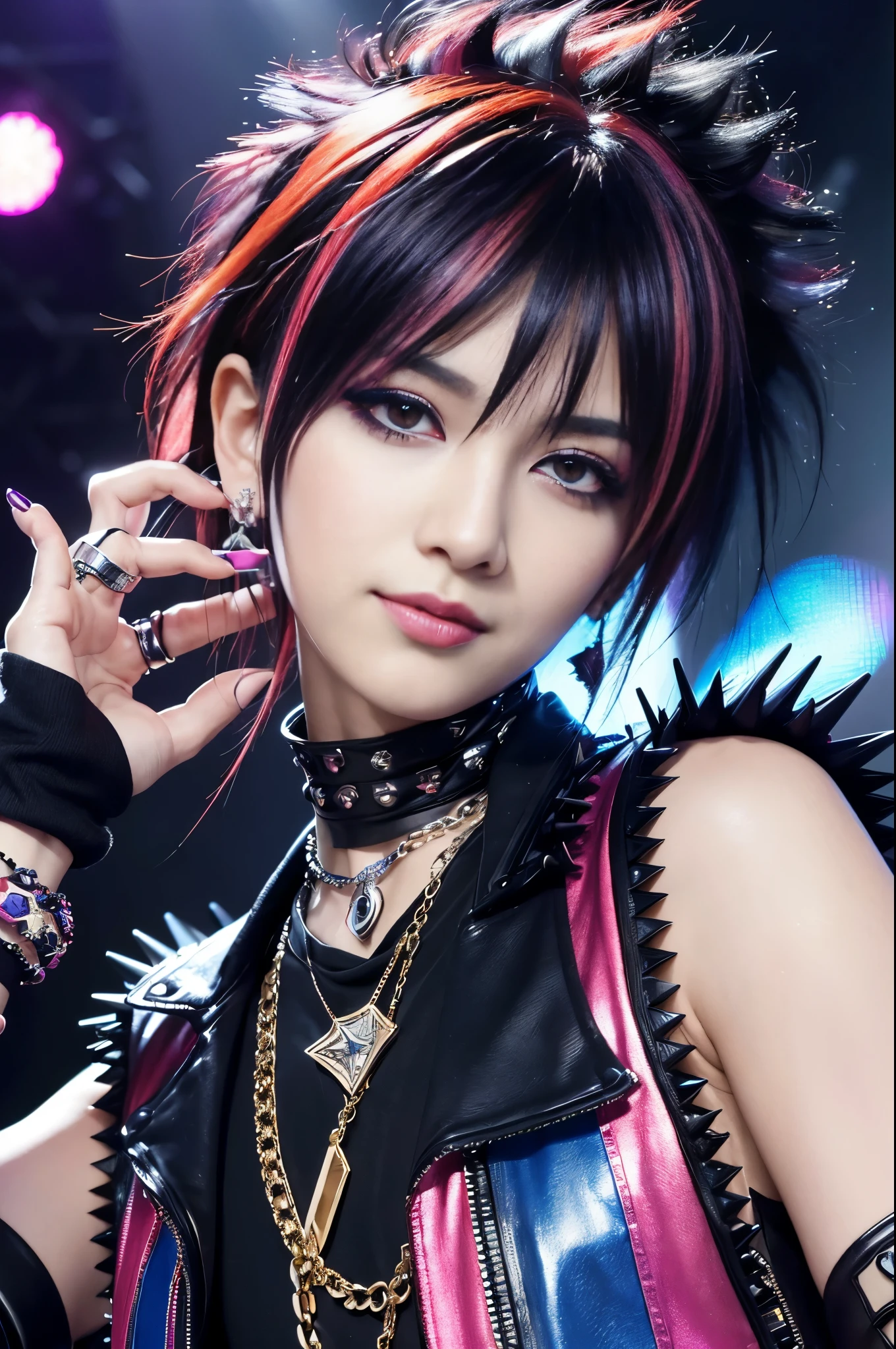 (masterpiece:1.4), (best quality:1.4), ultra high res, ultra high resolution, ((ultra detailed facial features)), HDR, (realistic, photorealistic, photo-realistic:1.37), (1 man), full body Esbian, (sexy Japanese male), (-anime), vivid colors, ((vivid colors multicolor (Visual Kei style spikes very short hair))), (big smile), ultra detailed glam rock makeup, bold lipstick, long lashes, defined eyebrows, wearing large Visual Kei jewelery, wearing a Visual Kei cosplay, ((vivid Visual Kei outfit)), layered clothing, choker, rings, bracelets, piercings, look at the camera, cinematic light, rockstar festival stage background with multicolor lights, sweet and sexy pose