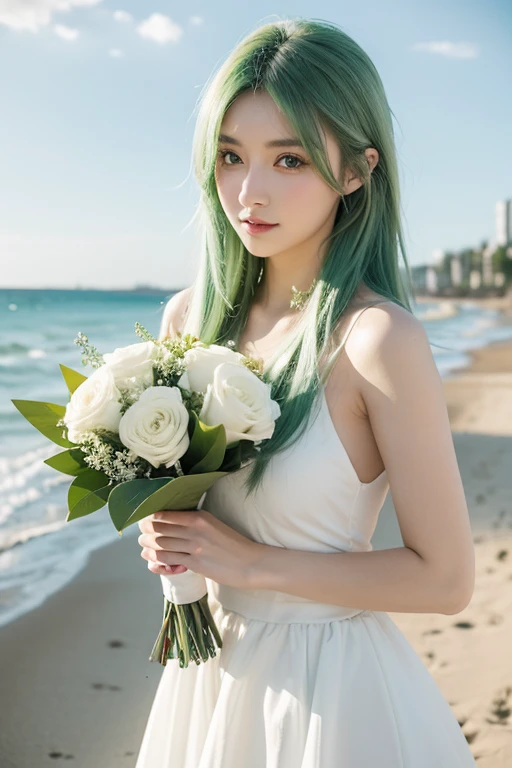 Super beautiful girl with cute face, green hair and fair skin, wearing a white dress and holding a bouquet on the beach