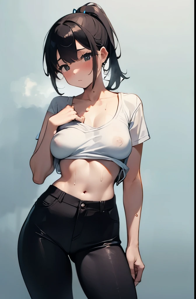 masterpiece, Highest quality, 1 girl, 14Year、Cute Face、Beautiful face in every detail, (Embarrassing), Black hair short ponytail、Browsing Caution, (Sweat), Sporting goods、Erect nipples、hot pants、 (Medium Breasted、thin)、((Show one breast、My pants are more than half off))、Standing pose、(Sweat、Sweat)、Wet body,Voice of the Heart