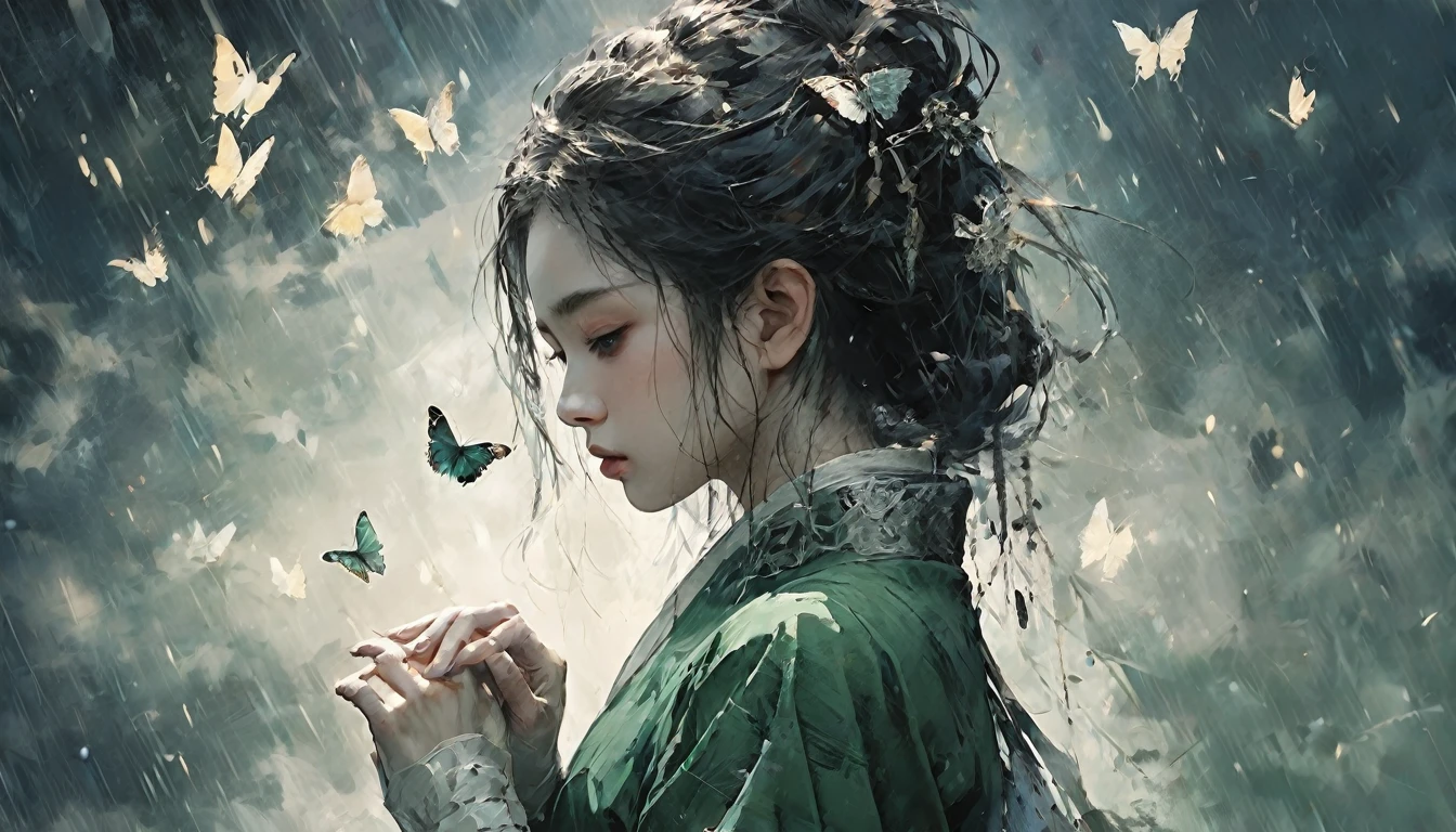 rain、right ,prayer, Beautiful woman, Sad look, Faded elegance, Waiting for the return , rainに打たれながら祈る , A poignant atmosphere, Lost Beauty, Melancholic mood, Fascinating, Eternal Sadness, Contrasting, Delicate Decay,Line art,Backlight,Wind,Backlight,Stardust,(Wind:1.2),knight,Green Blood, Fire and butterfly , Fingers are both methods5Book, Woman warrior,A sad story of one car,