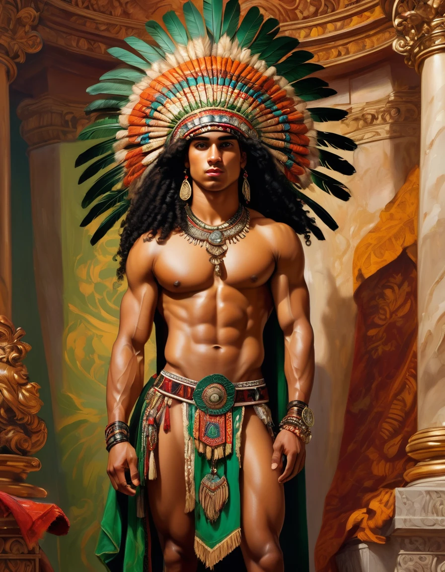 ((fullbody low view)) full body oil painting, in a living room with decoration very loaded with details of the American baroque style of the 18th century, A young man of mixed race, a mixture of blonde and indigenous, is standing, wearing a loincloth and Aztec headdress., His body is strong, toned, athletic. , her cinnamon skin, his face with fine and symmetrical features, green eyes, black hair, haughty look natural body expression standing on a pedestal