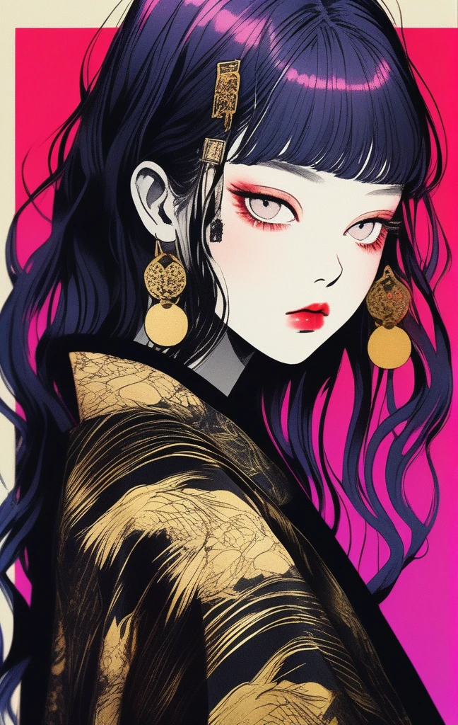 (best quality, sketch:1.2),realistic,illustrator,anime,1 girl, detailed lips, kimono,custom, black and gold gradient background,neon hair,textured cropping, masterpiece, style retro classic, noir style 、An illustration、art、70s horror movie posters, Supervised by Junji Ito、High detail, Realistic Shadows、Analog Style, chromatic aberration, Surrealism、Complementary Gradient