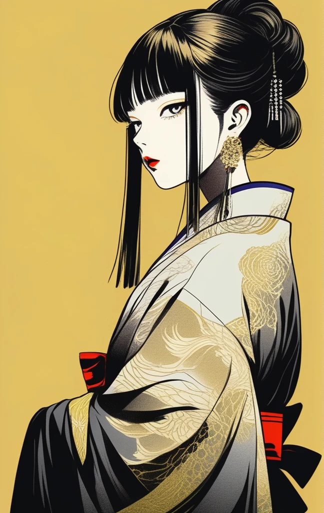 (best quality, sketch:1.2),realistic,illustrator,anime,1 girl, detailed lips, kimono,custom, black and gold gradient background,neon hair,textured cropping, masterpiece, style retro classic, noir style 、An illustration、art、70s horror movie posters, Supervised by Junji Ito、High detail, Realistic Shadows、Analog Style, chromatic aberration, Surrealism、Complementary Gradient