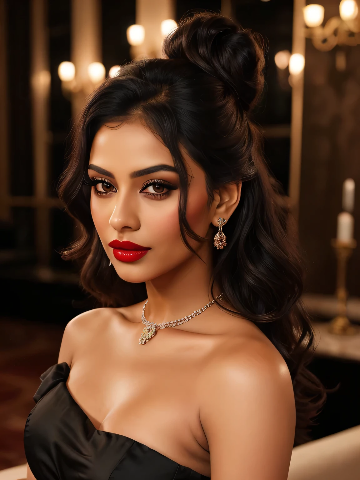 **Ultra-Realistic Image Prompt:**

Create an ultra-realistic image of a modern, attractive female influencer of Indian descent, aged between 27 to 30. She should have a warm and inviting smile, expressive almond-shaped eyes with a slight shimmer, and clear, glowing skin with a medium brown complexion. Her features should be well-defined, with high cheekbones and a sharp jawline. She is in a romantic mood, with both hands gently placed on her cheeks, accentuating her expression.

Her hair should be styled in soft, elegant curls pinned back with a delicate jeweled hairpin, arranged in a messy bun. Her lips should be adorned with dark red lipstick, adding a touch of boldness to her look.

She has a slender yet athletic build, reflecting a healthy and active lifestyle, with gigantic breasts (plump: 1.1), ensuring her chest is noticeably bigger. 

She is wearing a strapless black mini net frock designed with red roses. The dress is delicate and stylish, with the red roses adding a touch of romance and elegance to the outfit.

The background should be dark and intimate, creating a contrast that highlights her romantic mood and sophisticated appearance. Her overall look should exude confidence, approachability, and sophistication, capturing the essence of a contemporary Indian fashion influencer in an elegant, romantic setting.