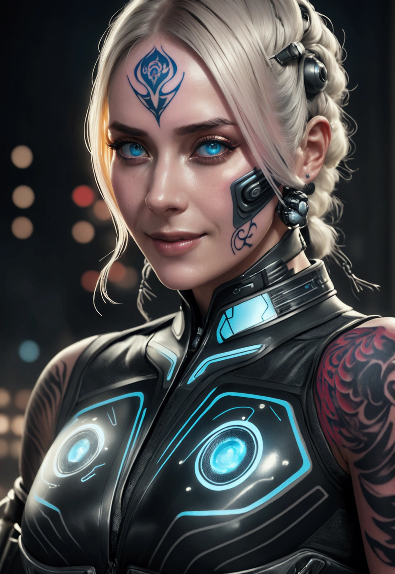 Cyberpunk detailed portrait (sks woman) (40 year old sks woman), futuristic neon reflective clothing, Science fiction, robot parts, ismail inceoglu dragan bibin hans thoma greg rutkowski alexandros pyromallis nekro rene margitte ilustrado, perfect face,  ((tattoo)), (by the wide),, matte skin, pores, wrinkles, hyperdetailed, Hyper realistic,, changing lighting, Hasselblad Award Winner, Soft diffuse lighting,  affected smile,, machine face, fine details, realistic shading, Intricate, elegant,