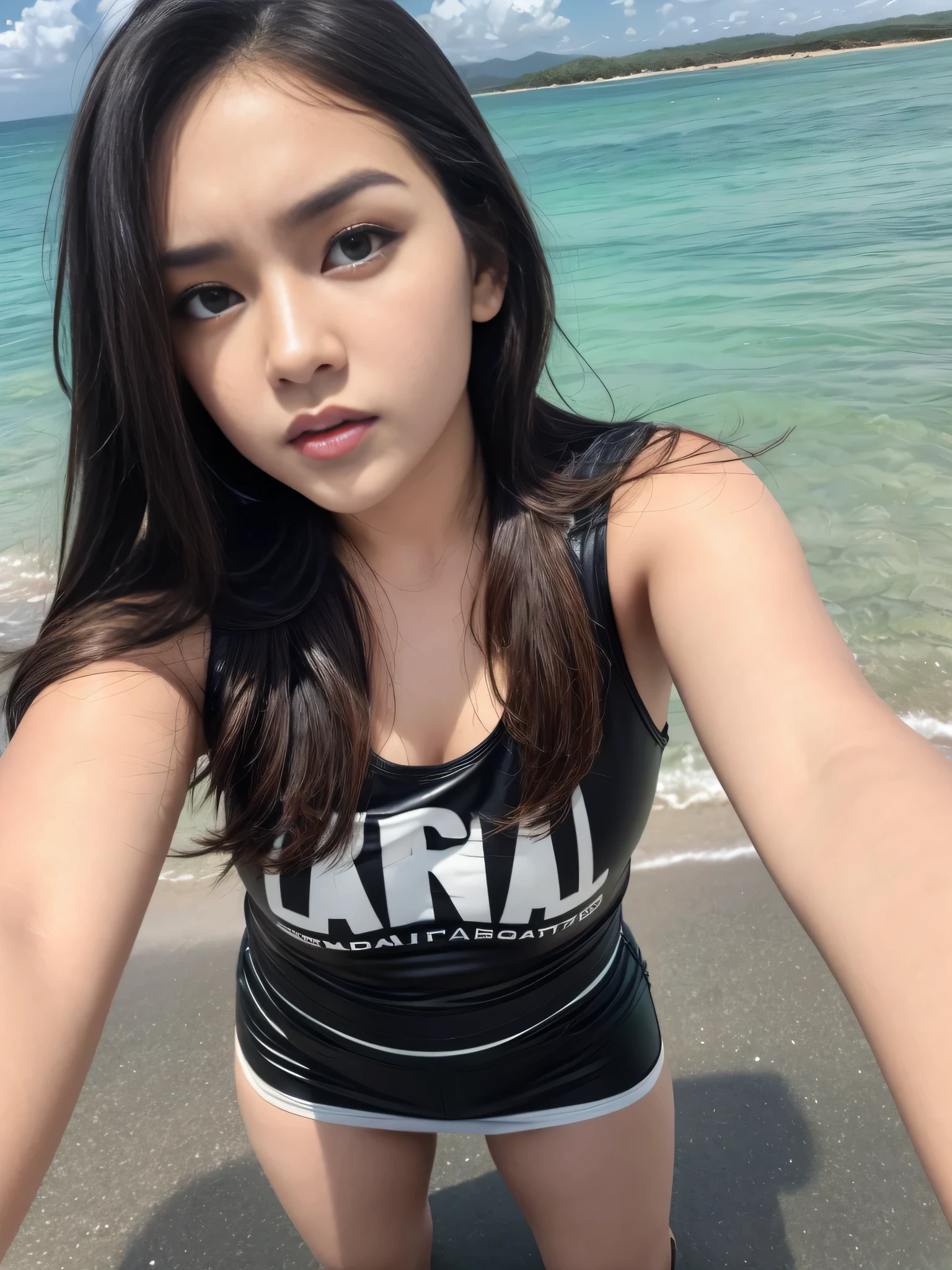 1girl, solo, (uniform), overhead view, standing, at the beach, detailed beautifully ocean scenery, detailed face, cute angry face, detailed eyes, thick breasts, smooth realistic skin, black tight latex tanktop, black latex hot pants, looking at the audience, low angle shot,(8k, RAW photo, best quality, masterpiece: 1.2), (realistic, realistic: 1.37), ultra-high resolution