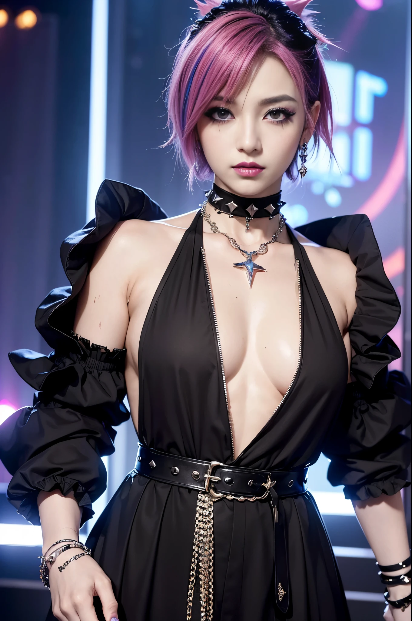 (masterpiece:1.4), (best quality:1.4), ultra high res, ultra high resolution, ((ultra detailed facial features)), HDR, (realistic, photorealistic, photo-realistic:1.37), (1 man), full body Esbian, (sexy Japanese male), (-anime), vivid colors, ((vivid colors multicolor (Visual Kei style spikes very short hair))), (big smile), ultra detailed glam rock makeup, bold lipstick, long lashes, defined eyebrows, wearing large Visual Kei jewelery, wearing a Visual Kei cosplay, ((vivid Visual Kei outfit)), layered clothing, choker, rings, bracelets, piercings, look at the camera, cinematic light, rockstar festival stage background with multicolor lights, sweet and sexy pose