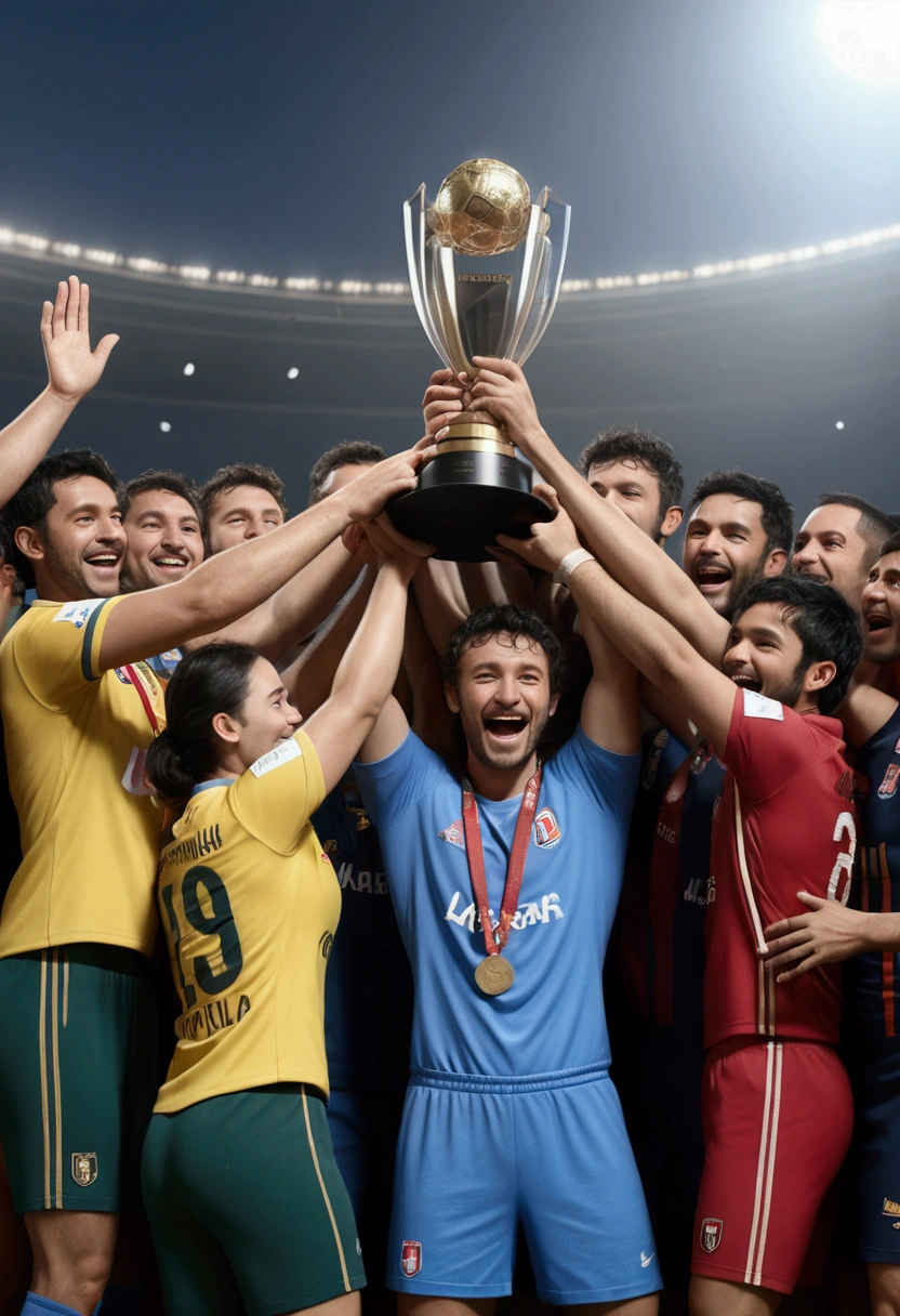 (Award-Winning Moment, holding prize), at the award ceremony, the winning team gathered together to celebrate. Bright colors filled the picture, showing the enthusiasm and vitality of the team. The members hug and high-five each other, and the blurred crowd in the background contrasts sharply with the clear team members, full body, award-winning, cinematic still, emotional, vignette, dynamic, vivid, (masterpiece, best quality, photorealistic, Professional, perfect composition, very aesthetic, absurdres, ultra-detailed, intricate details:1.3)