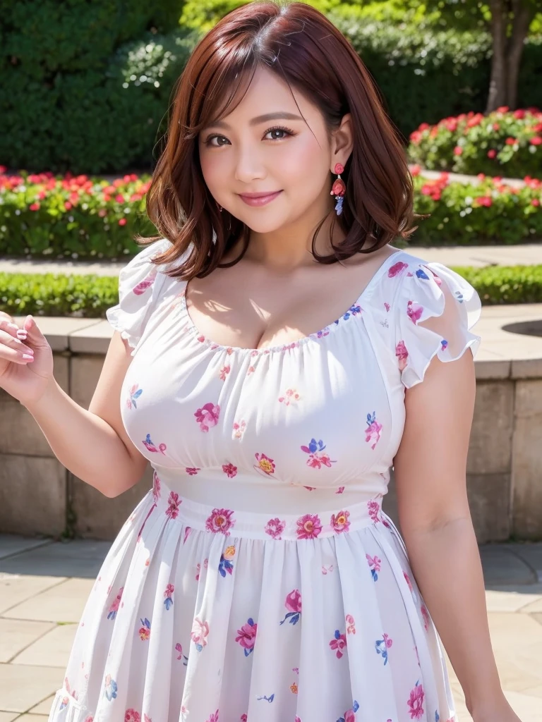 A beautiful and hot almost chubby mature woman.who is wearing a patterned short dress and is and standing in the park. A smiling face、sexy woman、A radiant smile、adorable、race、Frills、Colorful design、Full-length mirror、An inviting gaze、Gorgeous long and beautiful hairstyle、variation Hairstyle、Open neck blouse、Flower Garden、Sparkling、Elegant Princess、さらさらヘアー