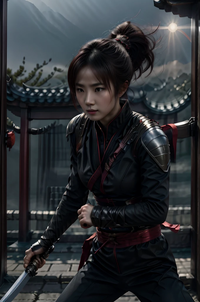 superhero, modern super hero costume, ninja, with a Chinese sword, Beautiful Chinese woman, 20 years, Chinese woman with bangs, courageous character, Kind, Brave, on the battlefield, atmospheric perspective, Motion blur, 8k, super detailing, Best quality, uhd, high detail