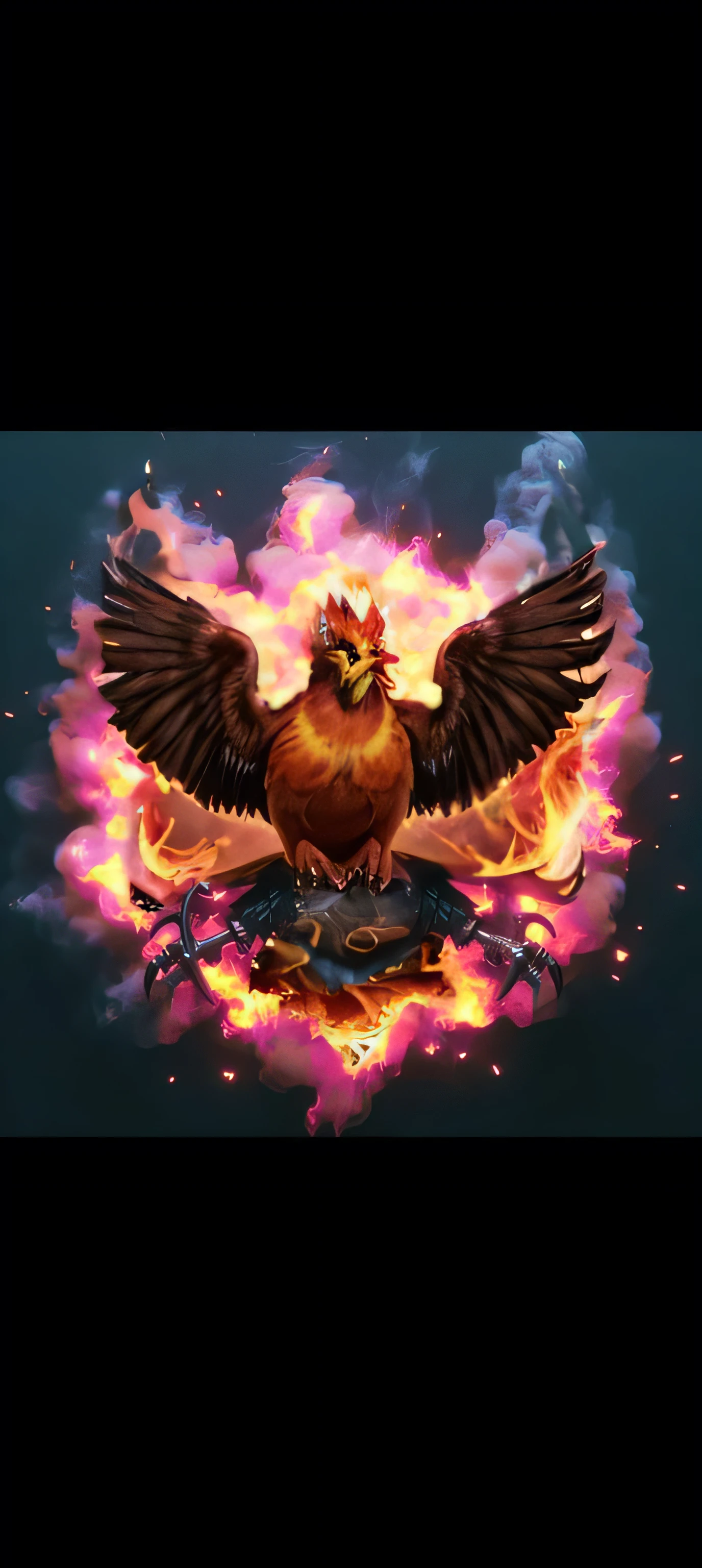 Generate an image with a fiery background, removing the central bird and keeping only the flames and smoke.