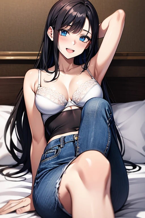 (((white bra))), Very detailed、highest quality、Best image quality、masterpiece、8k、Anime Face、A kind smile、Open Mouth、(black long hair:1.5)、big breast, sexy、 beautiful body 、Cowboy Shot, Sexual Intercourse, ((blue eyes)), hotel bedroom, (((Jeans))),