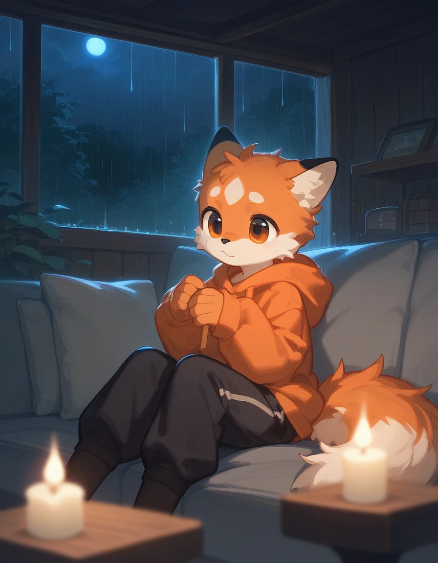 Protocell, Primary face, male, ?????, Light, Black and orange fur tester, Cute orange tail, Oversized Beige Hoodie,Black trousers, In a cozy cabin, Lying on the sofa, rain, at night, dim, dim candle Light, Black knee socks, Solitary:1.3, Practical, Ultra Detailed, Unreal Engine, permanent, Get on your hands and knees, close up,