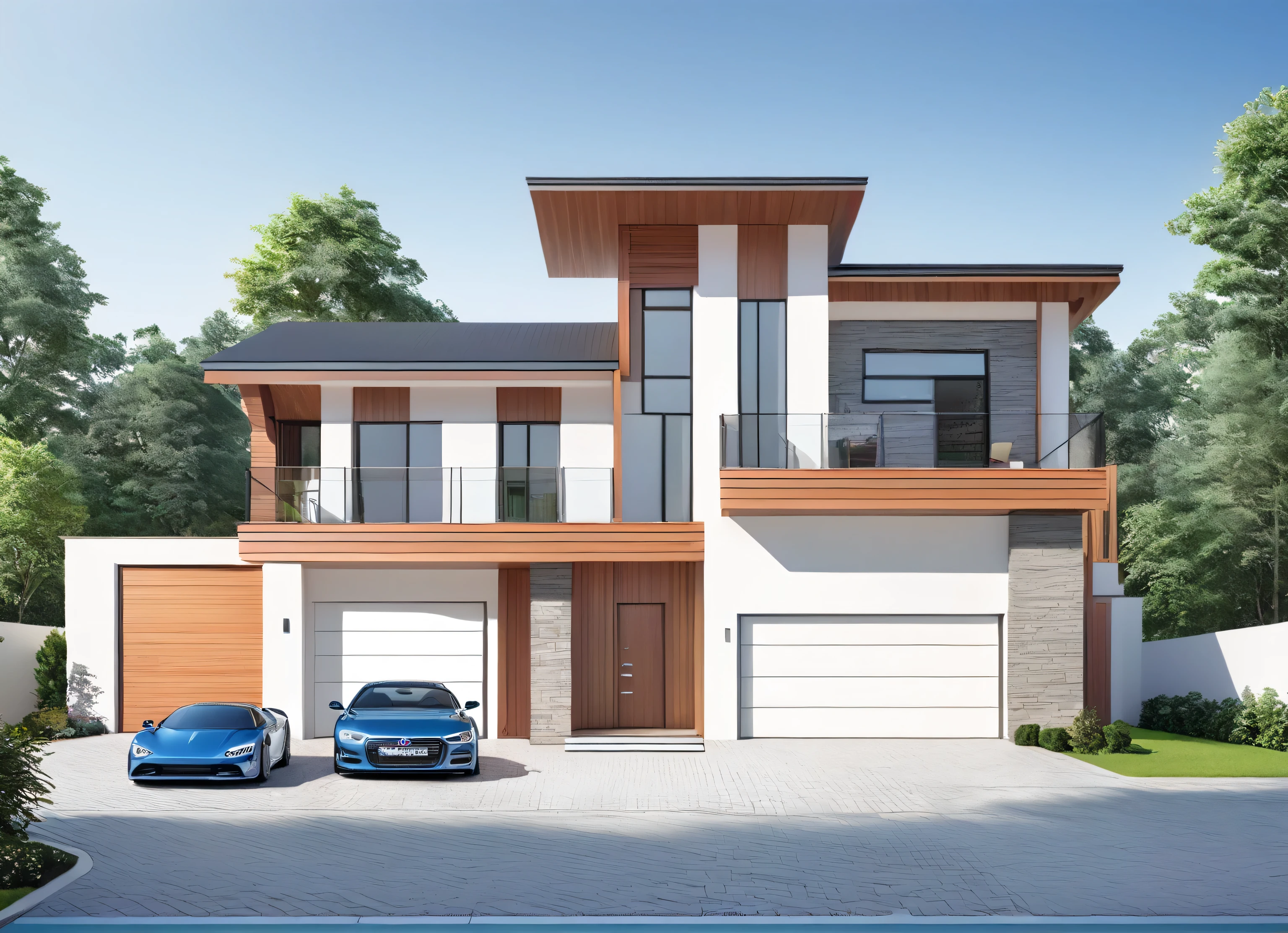 a drawing of a house with a garage and a car parked in front of it, conceptual rendering, 3 / 4 view, 3/4 view, front perspective, rendering, architectural rendering, architectural render, architectural 3 d render, front elevation view, 3d rendering, 3 d rendering, 3/4 view realistic, overall architectural design, concept photo, frontview