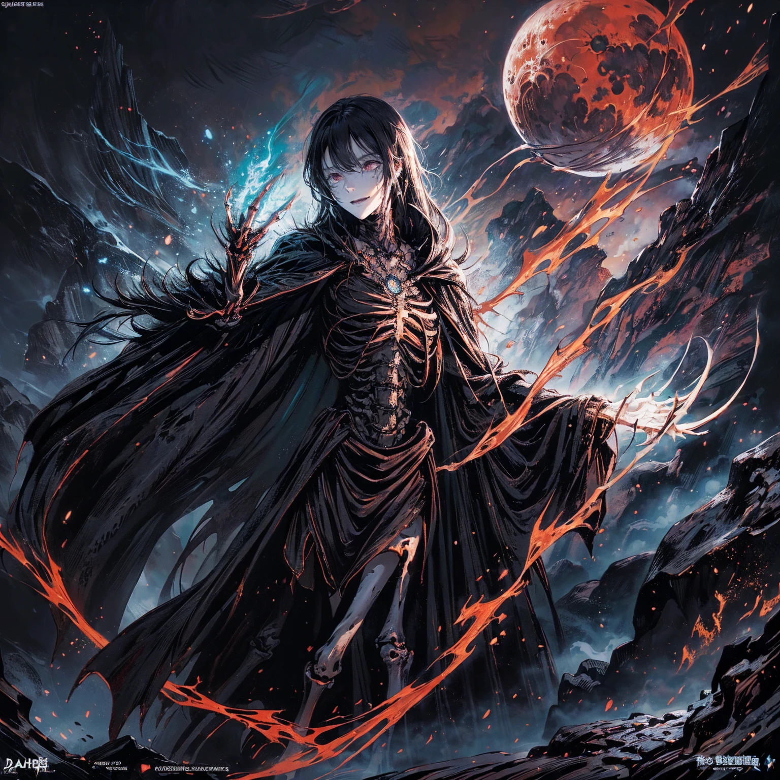 (full body shot:1.5), (Wide-angle lens:1.2), (black hair:1.5), best quality, 4K, high resolution, (masterpiece:1.2), Very detailed, (current:1.37), (Anatomically correct:1.2), Mood lighting, Undead girl in a long cloak, (Torso and limb is skeleton bone but head is still beautiful human face:1.2), Wearing a tattered gothic skirt, A sense of alienation, Dangerous sneer, Smiling and crying, Dark Force (StarWar), Force lightning radiates from fingertips, Facing the camera, Pitch black sky, Blood red moon, strange atmosphere, Gothic style, Unforgettable beauty, Dramatic shadows, Ethereal Light, Mysterious atmosphere, Resurrection from the grave, The Black Magic, Dead, Anime characters with black hair, Detailed cover design, Anime epic artwork, detailed key anime art, Be focused, dark fantasy artwork, Anime Fantasy Artwork, Official artwork with high detail, Dark Witch Panorama, Lich Vecna (d&d)