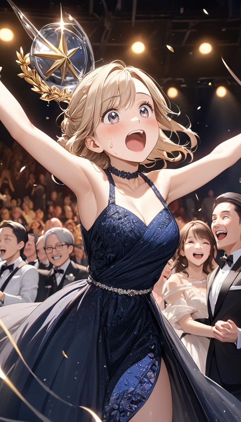 Tears of joy, (Fancy Evening Dresses), (Surprised by the award, gratitude, Jumping for joy, Joyの渦:1.5), Background is the stage, , 1girl, big bouncing busts, black choker, uhd, retina, masterpiece, ccurate, anatomically correct, textured skin, super detail, high details, high quality, best quality, highres, 4K, Oscar, audience, Joy, great joy, hug