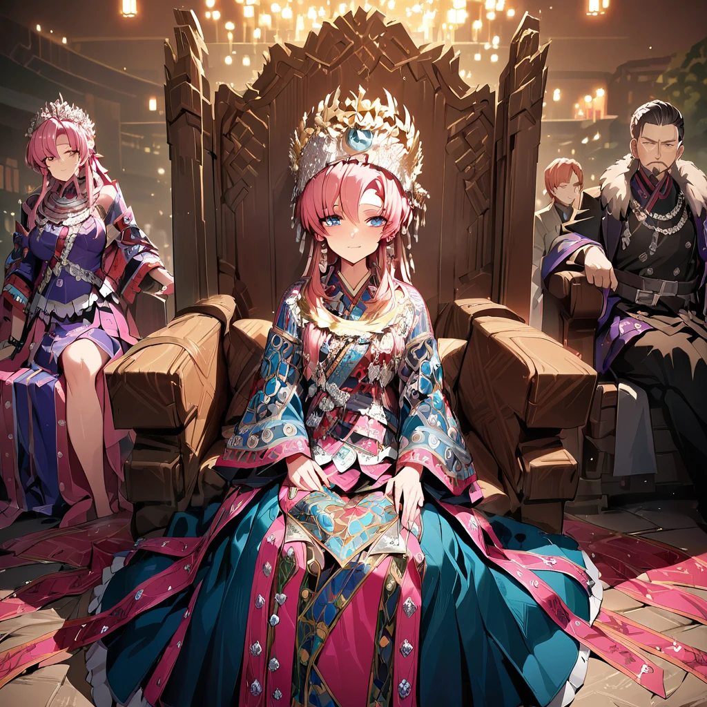 ((Highest quality)), ((masterpiece)), (detailed), （Perfect Face）、The woman is Lacus Clyne, with blue eyes, semi-long pink hair, and is wearing a gorgeous national costume and a gorgeous headdress.、She is seated on a magnificent throne next to her husband, the dignified, bearded, middle-aged emperor.