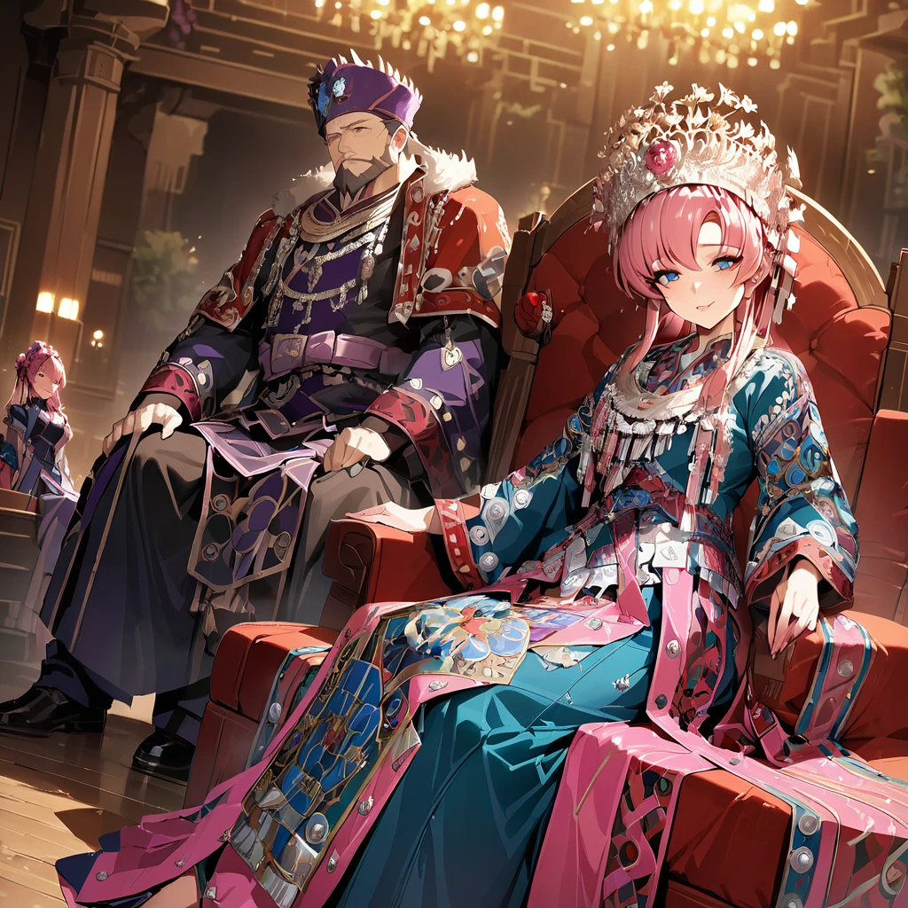 ((Highest quality)), ((masterpiece)), (detailed), （Perfect Face）、The woman is Lacus Clyne, with blue eyes, semi-long pink hair, and is wearing a gorgeous national costume and a gorgeous headdress.、She is seated on a magnificent throne next to her husband, the dignified, bearded, middle-aged emperor.