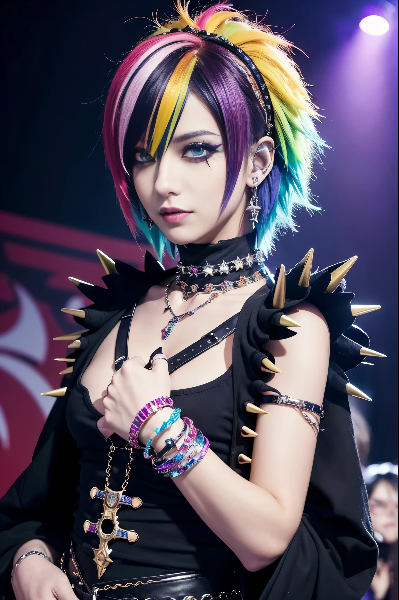 (masterpiece:1.4), (best quality:1.4), ultra high res, ultra high resolution, ((ultra detailed facial features)), HDR, (realistic, photorealistic, photo-realistic:1.37), 1 man, full body Esbian, sexy Japanese male, (-anime), vivid colors, ((vivid colors multicolor (Visual Kei style spikes and curls very short hair))), (big smile), ultra detailed glam rock makeup, bold lip-color, long lashes, defined eyebrows, wearing large dramatic Nana Visual Kei jewelery, wearing a Nana Visual Kei cosplay, ((vivid Nana Visual Kei outfit)), layered clothing, look at the camera, cinematic light, rockstar festival stage background with multicolor lights, sweet and sexy pose