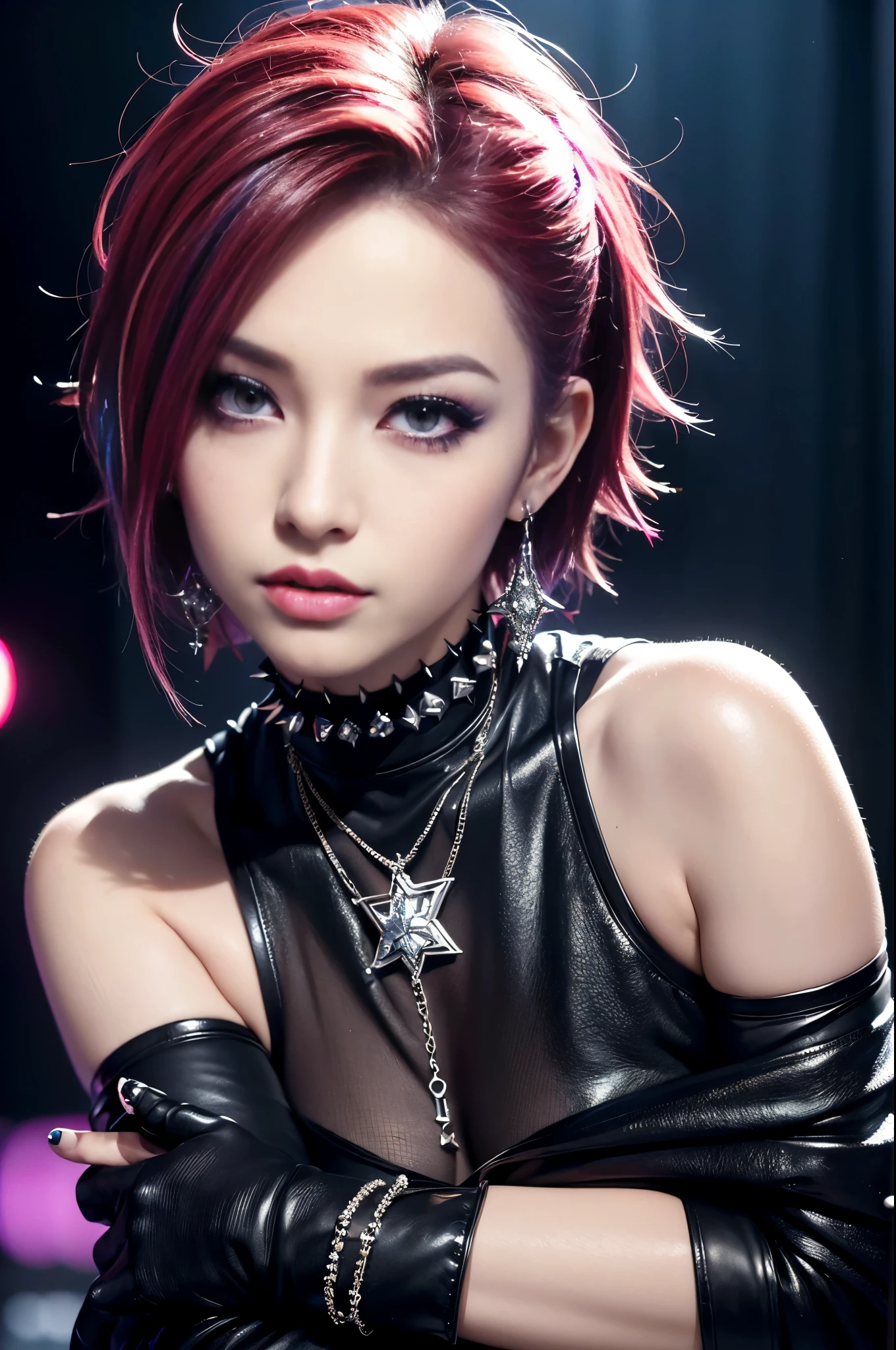 (masterpiece:1.4), (best quality:1.4), ultra high res, ultra high resolution, ((ultra detailed facial features)), HDR, (realistic, photorealistic, photo-realistic:1.37), (1 man), full body Esbian, (sexy Swedish male), (-anime), vivid colors, ((vivid colors multicolor (Visual Kei style spikes very short hair))), (big smile), ultra detailed glam rock makeup, bold lipstick, long lashes, defined eyebrows, wearing large Visual Kei jewelery, wearing a Visual Kei cosplay, ((vivid Visual Kei outfit)), layered clothing, choker, rings, bracelets, piercings, look at the camera, cinematic light, rockstar festival stage background with multicolor lights, sweet and sexy pose