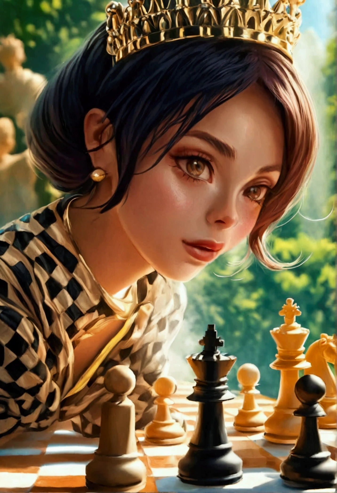 a picture of a woman proud, happy, overjoyed, victorious after winning chess game, a beautiful woman ((full body shot: 1.5)), ((anatomically correct: 1.5)) (ultra detailed face: 1.4), dynamic skin complexion, dynamic hair style, dynamic hair color, ((winning a chess game: 1.5)), at chess tournament, she is dressed in elegant dress, intricate dress, dynamic color dress, dynamic style dress, wearing high heels, a ((look of satisfaction: 1.3)), a look of ((victory: 1.3)), a look of overcoming great obstacle, chess tournament background,  vibrant, Ultra-high resolution, High Contrast, (masterpiece:1.5), highest quality, Best aesthetics), best details, best quality, highres, 16k, [ultra detailed], masterpiece, best quality, (extremely detailed), Cinematic Hollywood Film style
