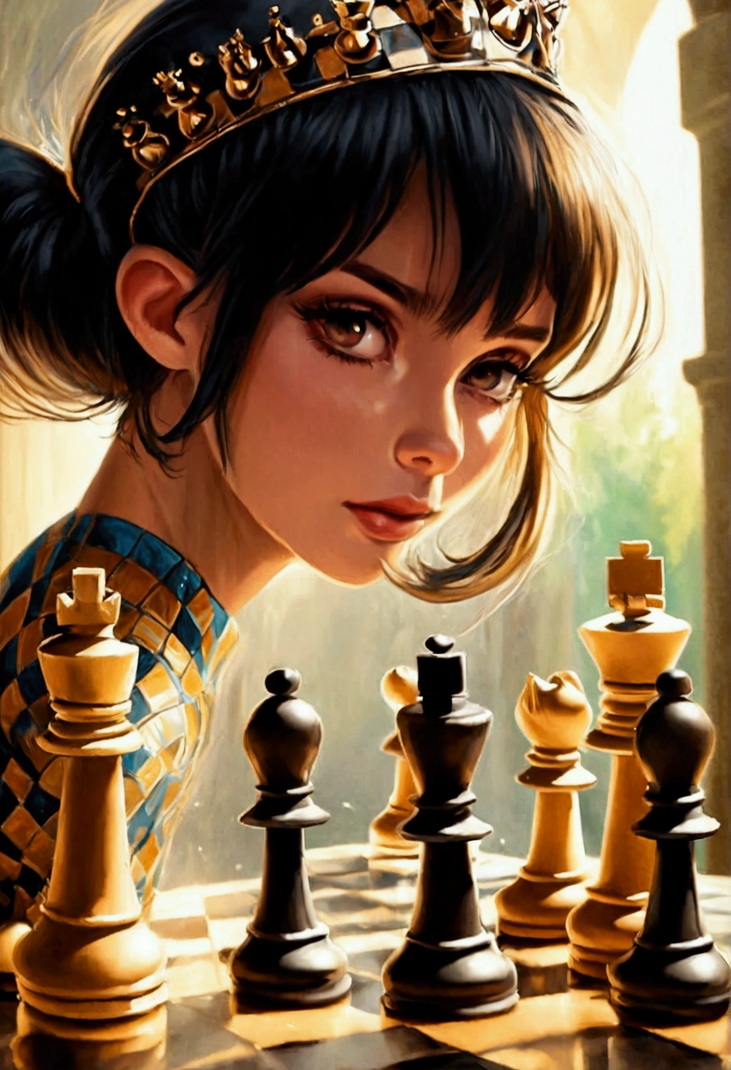 a picture of a woman winning chess game, a beautiful woman ((full body shot: 1.5)), ((anatomically correct: 1.5)) (ultra detailed face: 1.4), dynamic skin complexion, dynamic hair style, dynamic hair color, ((winning a chess game: 1.5)), at chess tournament, she is dressed in elegant dress, intricate dress, dynamic color dress, dynamic style dress, wearing high heels, a ((look of satisfaction: 1.3)), a look of ((victory: 1.3)), a look of overcoming great obstacle, chess tournament background,  vibrant, Ultra-high resolution, High Contrast, (masterpiece:1.5), highest quality, Best aesthetics), best details, best quality, highres, 16k, [ultra detailed], masterpiece, best quality, (extremely detailed), Cinematic Hollywood Film style