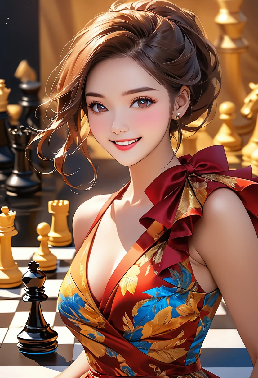 a picture of a woman proud, happy, overjoyed, victorious after winning chess game, a beautiful woman ((full body shot: 1.5)), ((anatomically correct: 1.5)) (ultra detailed face: 1.4), dynamic skin complexion, dynamic hair style, dynamic hair color, ((winning a chess game: 1.5)), at chess tournament, she is dressed in elegant dress, intricate dress, dynamic color dress, dynamic style dress, wearing high heels, a ((look of satisfaction: 1.3)), a look of ((victory: 1.3)), a look of overcoming great obstacle, chess tournament background,  vibrant, Ultra-high resolution, High Contrast, (masterpiece:1.5), highest quality, Best aesthetics), best details, best quality, highres, 16k, [ultra detailed], masterpiece, best quality, (extremely detailed), Cinematic Hollywood Film style
