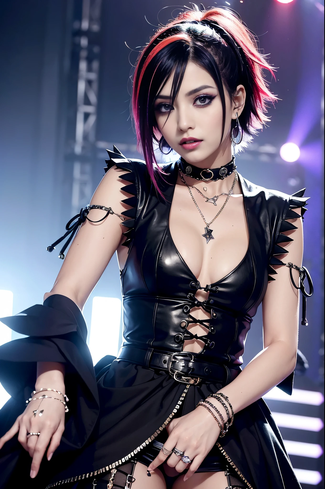 (masterpiece:1.4), (best quality:1.4), ultra high res, ultra high resolution, ((ultra detailed facial features)), HDR, (realistic, photorealistic, photo-realistic:1.37), (1 man), full body Esbian, (sexy Swedish male), (-anime), vivid colors, ((vivid colors multicolor (Visual Kei style spikes very short hair))), (big smile), ultra detailed glam rock makeup, bold lipstick, long lashes, defined eyebrows, wearing large Visual Kei jewelery, wearing a Visual Kei cosplay, ((vivid Visual Kei outfit)), layered clothing, choker, rings, bracelets, piercings, look at the camera, cinematic light, rockstar festival stage background with multicolor lights, sweet and sexy pose