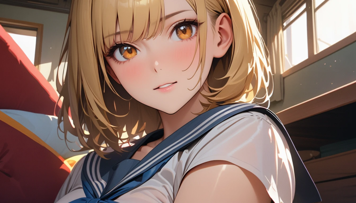 Modern, Verism, masterpiece, Textured skin, Super Detail, Highest quality, 16K , live-action、Super shiny semi-bob blonde hair、A woman  ,Summer sailor uniform, Staring at you through the camera, （ Stage: My room at home、High school girl&#39;s room、cute）、Make up image of young woman with captivating violet eyes。A cunning expression、A woman dressed in a cunning way teases a high school boy
