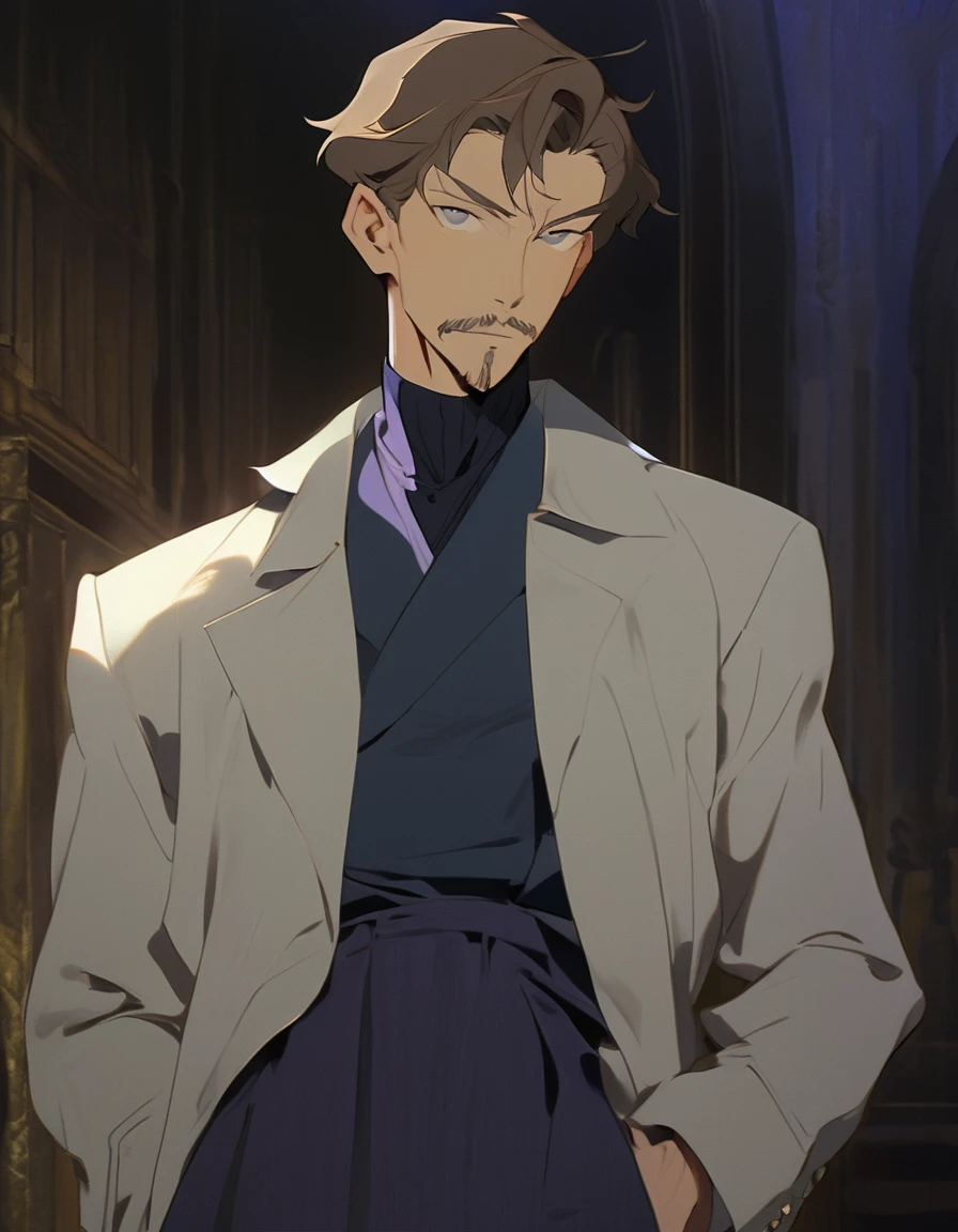1man, mature male, parted bangs, medium-short hair, brown hair, muscular male celeb, short goatee, short mustache, indigo eyes, gentleman, elegant netori male, dark iris, upperwaist, ideal ratio body proportions, 1man, mature male, parted bangs, medium-short hair, brown hair, muscular male celeb, short goatee, short mustache, indigo eyes, gentleman, elegant netori male, dark iris, upperwaist, BREAK solo, white collared shirt, gray trench coat, black neck ribbon, in gentle sasaki style, visual novel, 2010s, extreme all detailed, masterpiece, best quality