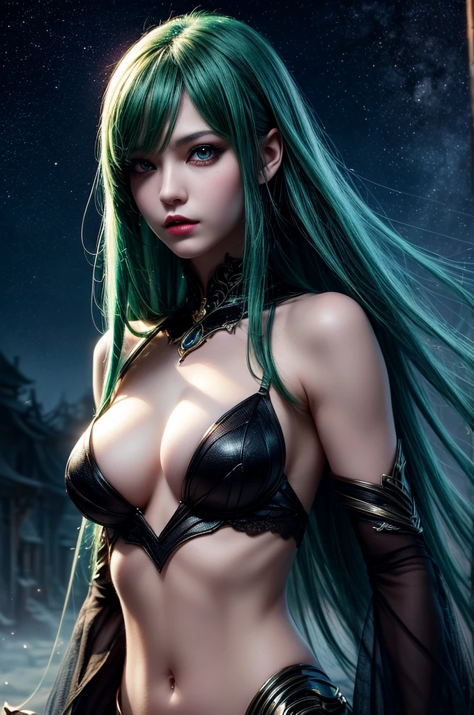 In the middle of forest plane there is beatiful siren who dance under the stary night sky, she have neatiful face long green hair with orange highlights her eyes in emerald green red lipsick and smoky eyes make up, her naked body cover only with black transparent spiler web vail, (ultra high quality fantasy art, dark fantasy style, masterpiece, ultra high quality character design, 8k quality anime art, realistic anime art, top quality wallpaper illustration, detailed ultra high quality accurate face, high quality design and accurate physic)