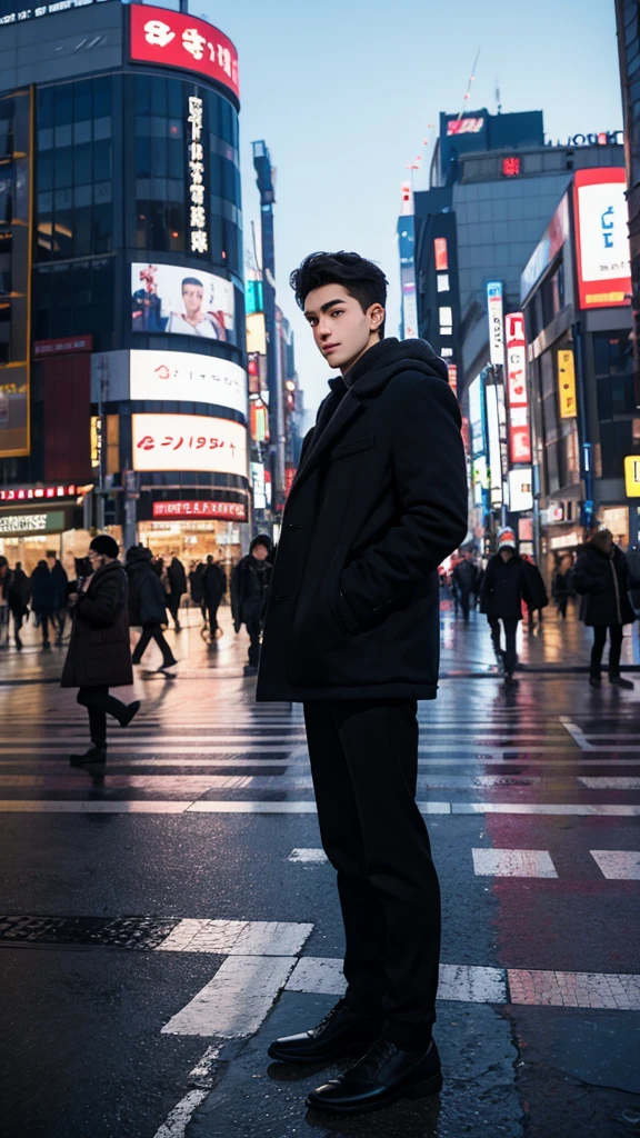 Photorealsitic, 8K full body portrait, a handsome, An 18-year-old man, A charming expression, detailed face details, TOKYOcty, Winters, Shibuya in the background