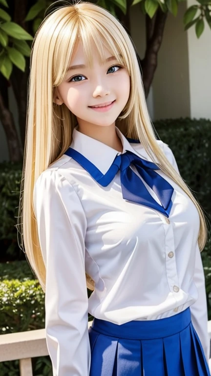 Portrait、School uniforms、Bright expression、The cutest face in the world、Younger, brighter, whiter skin、The most beautiful appearance in the world、The ultimate beauty、The most beautiful and bright blonde hair in the world、Shiny Hair、Super long, silky straight hair、Shiny beautiful bangs、Sparkling, clear, attractive light blue eyes、A very beautiful, lovely and cute 16 year old girl、Ample breasts