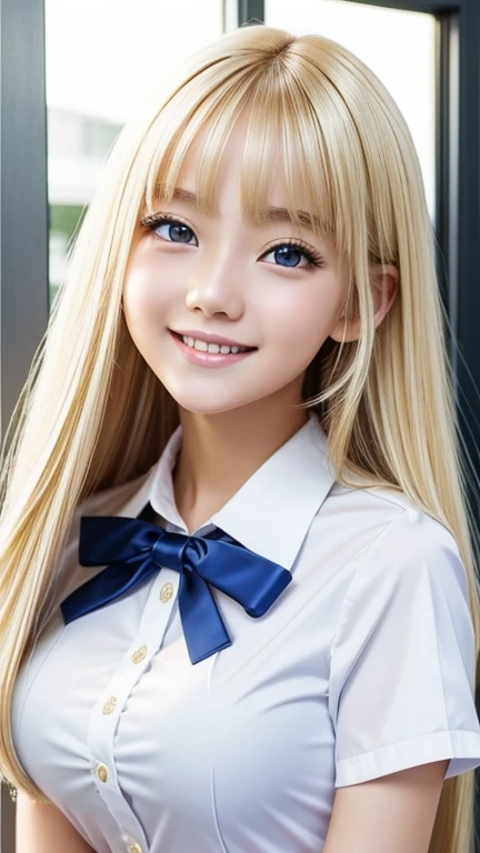 Portrait、School uniforms、Bright expression、The cutest face in the world、Younger, brighter, whiter skin、The most beautiful appearance in the world、The ultimate beauty、The most beautiful and bright blonde hair in the world、Shiny Hair、Super long, silky straight hair、Shiny beautiful bangs、Sparkling, clear, attractive light blue eyes、A very beautiful, lovely and cute 16 year old girl、Ample breasts