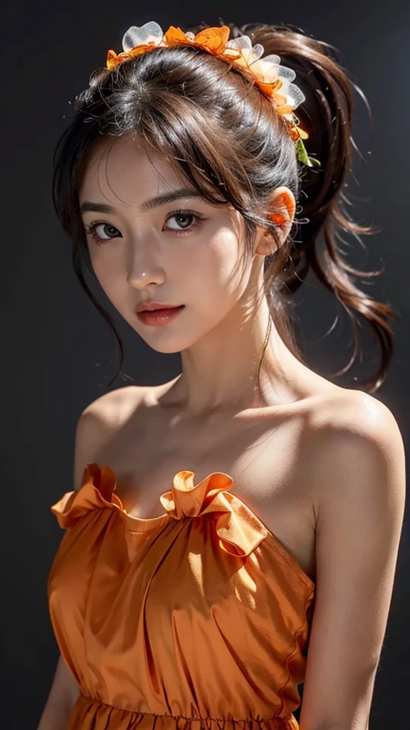 Close up face,Color: Orange,Dress Style: Frilly dress, ruffled edges, layered,Accessories: Flower hairpiece, ribbon bow,Details: Sleeveless, fitted bodice, decorative ribbon at the waists,Commercials for luxury cosmetics style,Commercial filming studio,The background is all gray,Body in front,fully body photo,masutepiece, The highest image quality, High quality, the background is clear,Beautiful woman, Japanese, Detailed, Ultra-detailed, finely detail, hight resolution, 8K Wallpaper, Perfect dynamic composition, Beautiful detailed eyes ,Detailed eyes, Detailed skin, Beautiful skin, 超hight resolution, (reality: 1.4),Very beautiful woman, Slightly younger face, Beautiful skin, slender, (Ultra photo realsisim), (hight resolution), (8K), (Very detailed) (beautifully detailed eyes), (super detailed), (Detailed face), view the viewer, Fine details, Detailed face, Staring straight ahead, Staring straight ahead, photos realistic, Bright lighting, Professional Lighting, Black hair,poneyTail,a baby face,sixteen years old,Hairstyle: ponytail,Long ponytail hairstyle,slight smile,