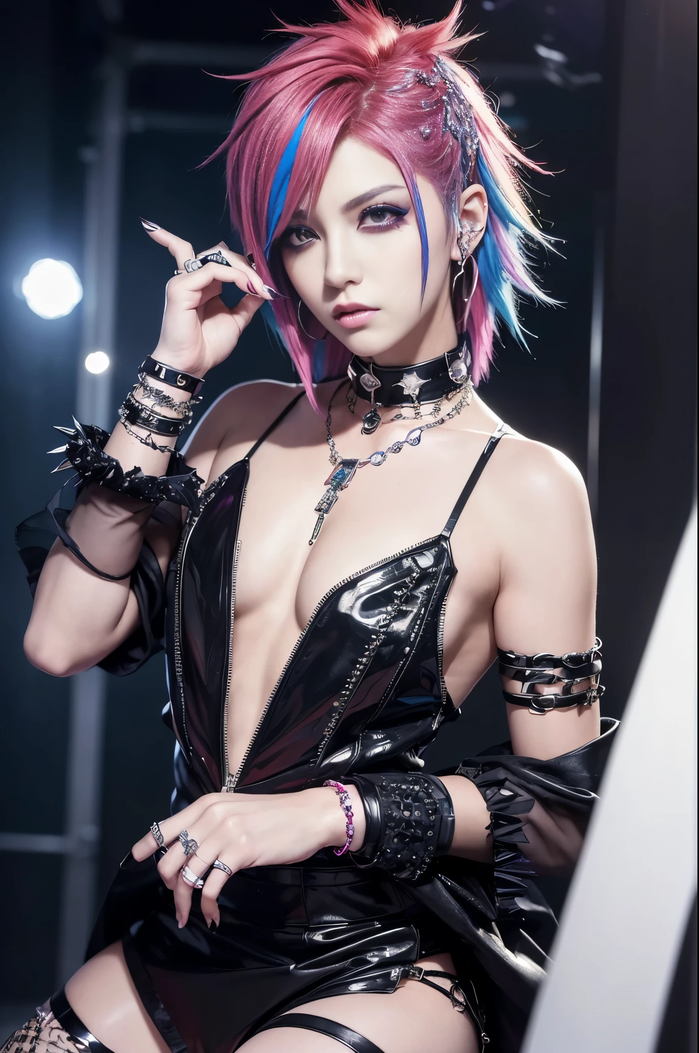 (masterpiece:1.4), (best quality:1.4), ultra high res, ultra high resolution, ((ultra detailed facial features)), HDR, (realistic, photorealistic, photo-realistic:1.37), (1 man), full body Esbian, (sexy Swedish male), (-anime), vivid colors, ((vivid colors multicolor (Visual Kei style spikes very short hair))), (big smile), ultra detailed glam rock makeup, bold lipstick, long lashes, defined eyebrows, wearing large Visual Kei jewelery, wearing a Visual Kei cosplay, ((vivid Visual Kei outfit)), layered clothing, choker, rings, bracelets, piercings, look at the camera, cinematic light, rockstar festival stage background with multicolor lights, sweet and sexy pose